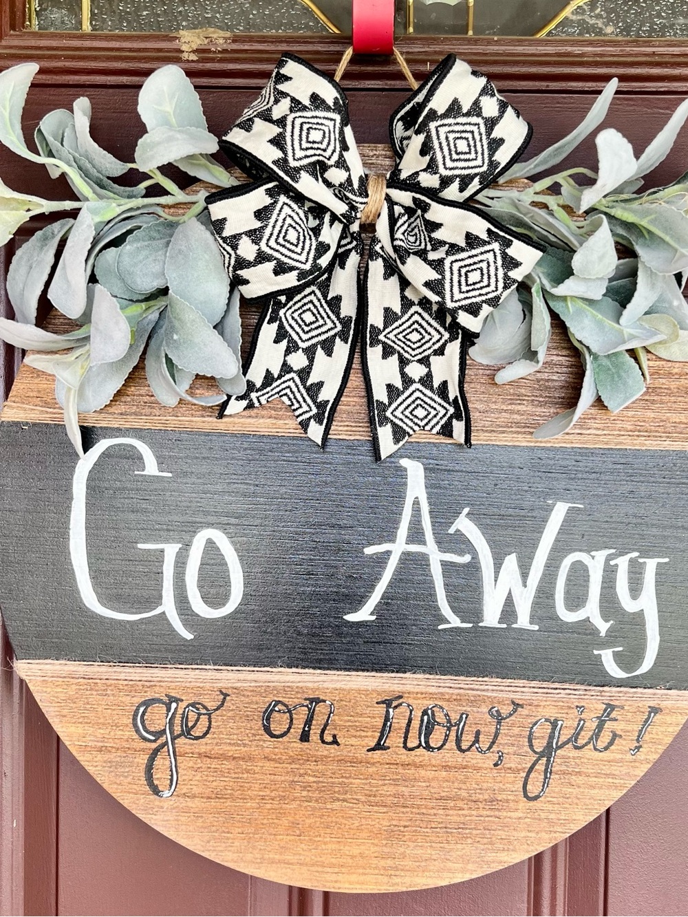Rustic 'Go Away' Black and White Door Sign with Bow and lambs ear greenery